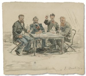 À la ferme Saint-Siméon (Jongkind, Émile van Marcke, Claude Monet y "père Achard"), c. 1867 (acuarela y lápiz sobre papel) de Eugene Louis Boudin