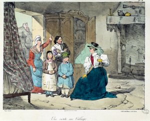 Una visita al pueblo. Una mujer rica visita a una familia pobre. Ilustración del libro 