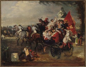 Carruaje con Hombres y Mujeres en Traje en los Campos Elíseos, 1834 de Eugene Louis Lami