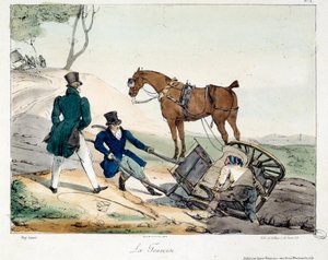 Accidente de carro causado por el ferrocarril. Ilustración del libro “La vie de chateau”. Grabado de Eugene Louis Lami (1800-1890) de Eugene Louis Lami