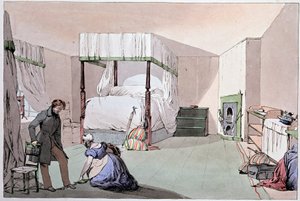 Hostal: un sirviente ayudando a un cliente a ponerse los zapatos. Ilustración de Eugene Louis Lami (1800-1890), mediados del siglo XIX de Eugene Louis Lami