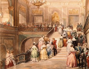 El rey Luis Felipe I (1773 - 1850) y la reina María Amalia de Borbón (1782 - 1866) recibieron a los invitados con motivo de la inauguración del Museo de Versalles en 1837. Ilustración de Eugène Lami (1800 - 1890) de Eugene Louis Lami