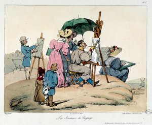 Amantes del paisaje. Pintores presentados se agrupan para pintar un paisaje marítimo. Ilustración del libro la vie de chateau de Eugene Louis Lami