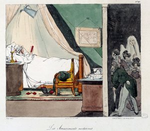 Diversión nocturna. Los niños tienen miedo de asustar a una persona leyendo en la cama. Ilustración del libro “La vie de chateau”. de Eugene Louis Lami