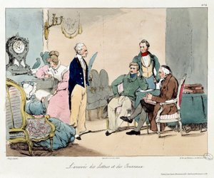 La llegada de cartas y periódicos. Ilustración del libro “La vie de chateau”. Grabado de Eugene Louis Lami (1800-1890) de Eugene Louis Lami