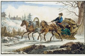 El trineo tirado por caballos con un refugio para viajeros (Troika Kibitka). Obra de Eugene Pluchard (1809-1880), litografía y acuarela