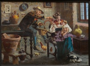 Escena con un hombre, una mujer y una niña (óleo sobre lienzo) de Eugenio Zampighi