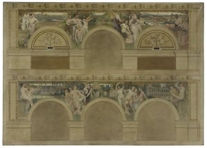 Boceto para uno de los salones introductorios del Hôtel de Ville de París: Le Travail. Les Réjouissances. La Charité, en 1892 (tinta negra, óleo sobre lienzo) de Eugène Martial Simas