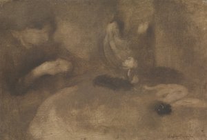 Mujeres Cosiendo en una Mesa de Eugène Carrière
