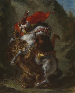 Jinete árabe atacado por un león de Eugène Delacroix