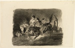 Fausto y Mefistófeles galopan en la noche del aquelarre de Eugène Delacroix