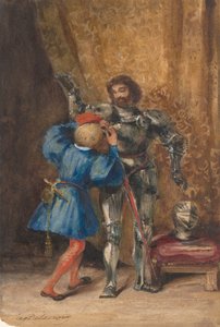 Goetz von Berlichingen siendo vestido con armadura por su paje George, 1826-27 de Eugène Delacroix