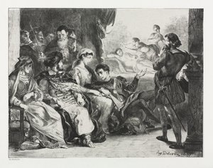 Hamlet: Hamlet ordena a los actores hacer una escena del envenenamiento de su padre de Eugène Delacroix
