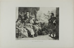 Hamlet hace que los actores representen el envenenamiento de su padre, lámina 7 de Hamlet de Eugène Delacroix