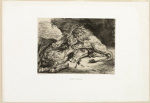 León devorando un caballo de Eugène Delacroix