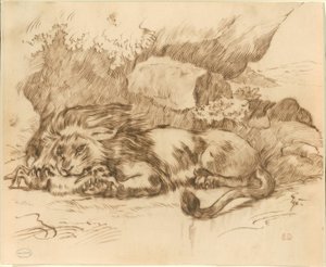 León devorando un conejo de Eugène Delacroix
