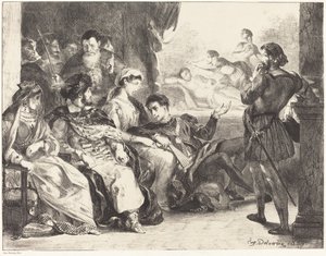 Actores representando el envenenamiento del padre de Hamlet, Acto III, Escena II, 1835 de Eugène Delacroix