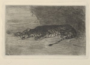Tigre acostado en la entrada de su guarida, ca. 1828-30