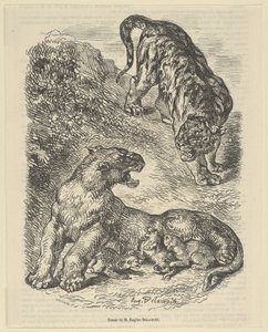 Tigresa atacada por un tigre mientras amamanta a sus crías, 1853 de Eugène Delacroix