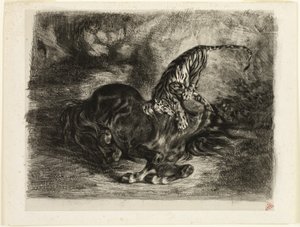 Caballo salvaje derribado por un tigre de Eugène Delacroix