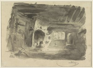 Interior con mujer arrodillada frente a la chimenea