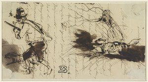 Cazador con perro, sobre una carta firmada