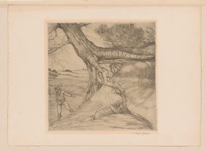 Sembrador y figura reclinada con las manos cruzadas en un paisaje de Eugène Joors (signed by artist)