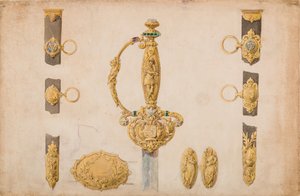 Diseño para una empuñadura de espada, vaina y accesorios de cinturón de Eugène Julienne.