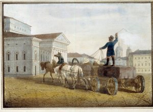 Transporte de bloques de granito a la plaza del teatro de San Petersburgo. Obra de Eugene Pluchart (1809-1880), acuarela sobre litografía