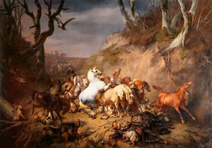 Lobos hambrientos atacando a un grupo de jinetes