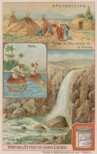 Una cascada del río Kabul con pescadores y una aldea tribal nómada en Helmand de European School