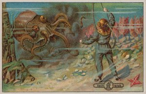 Un buceador amenazado por un pulpo (cromolito)