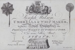 Anuncio de Joseph Wilson, fabricante de paraguas y látigos, Londres de European School