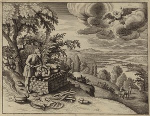 Ángel interviniendo para evitar que Abraham sacrifique a su hijo Isaac (grabado)