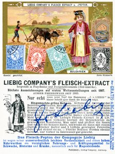 Sellos postales búlgaros, anverso y reverso de una tarjeta promocional de Liebig, 1897