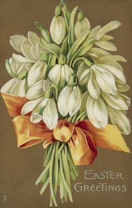 Manojo de campanillas de invierno, felicitación de Pascua (litografía en color) de European School
