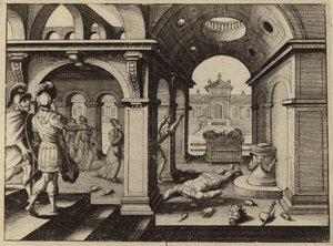 Arca de la Alianza capturada en el templo filisteo de Dagón (grabado) de European School