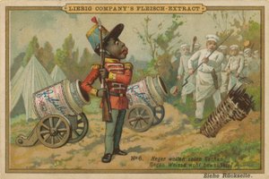 Caricatura africano guarda el cañón de extracto de carne Leibig