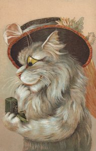 Gato con sombrero y mirando un anillo (cromolito) de European School