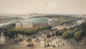 Campos Elíseos y Palacio de la Industria construidos para la Exposición Universal de 1855, París, Francia (litografía en color) de European School