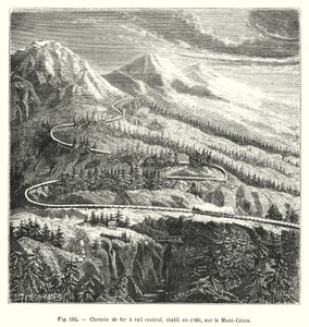 Ferrocarril de riel central, establecido en 1866, en el Mont-Cenis (grabado) de European School