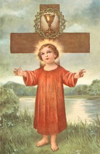 Niño Jesús, Cruz, Corona de Espinas y Cáliz de Comunión (litografía en color)