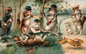 Gatos cómicos cazando conejos (litografía en color) de European School
