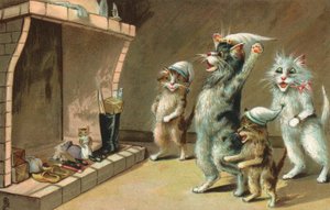 Gatos cómicos, esperando sus regalos de Navidad (litografía en color) de European School