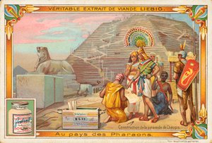 Construcción de la pirámide de Keops, tarjeta Liebig, principios del siglo XX (cromo) de European School