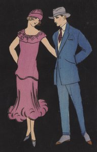 Pareja vestida a la moda (litografía en color)