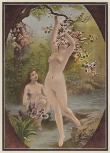 Hijas de Eva, mujeres con flor de árbol (litografia en color)