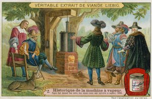 Denis Papin realizando pruebas de su motor de vapor de pistón frente a sus amigos, Marburg, Alemania, 1690 de European School