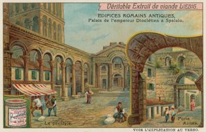 Palacio de Diocleciano en Split (Croacia) con detalle de la columnata y la puerta sur del mar (cromolito)