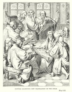 Doctores examinando nueva traducción de la Biblia (grabado) de European School